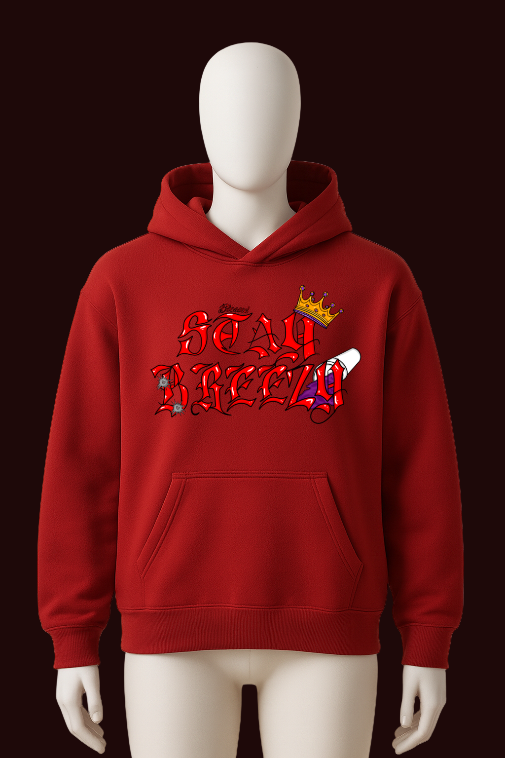 Red hoodie with text and graphics on a beige background
